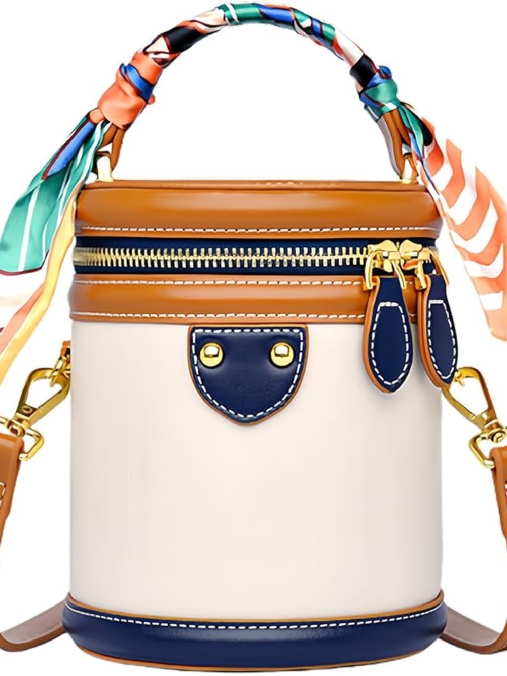 Cream & Navy Leather Bucket Crossbody Bag with Tan Accents